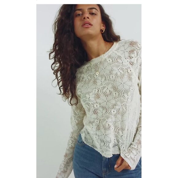 Free People Crochet Lace Long Sleeve Top Cream Boho Sheer Floral Knit XS - Picture 1 of 9